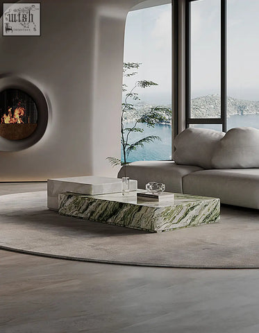 Giuli marble coffee table set stone with a sleek rectangular polished green and white marble coffee table top