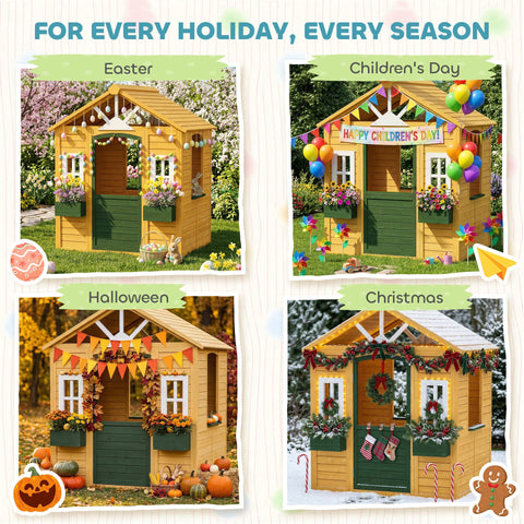 AIYAPLAY Outdoor Kids Playhouse, Wooden Wendy House with Door, 3 Windows, 2 Flower Boxes for Garden, Indoor Playroom