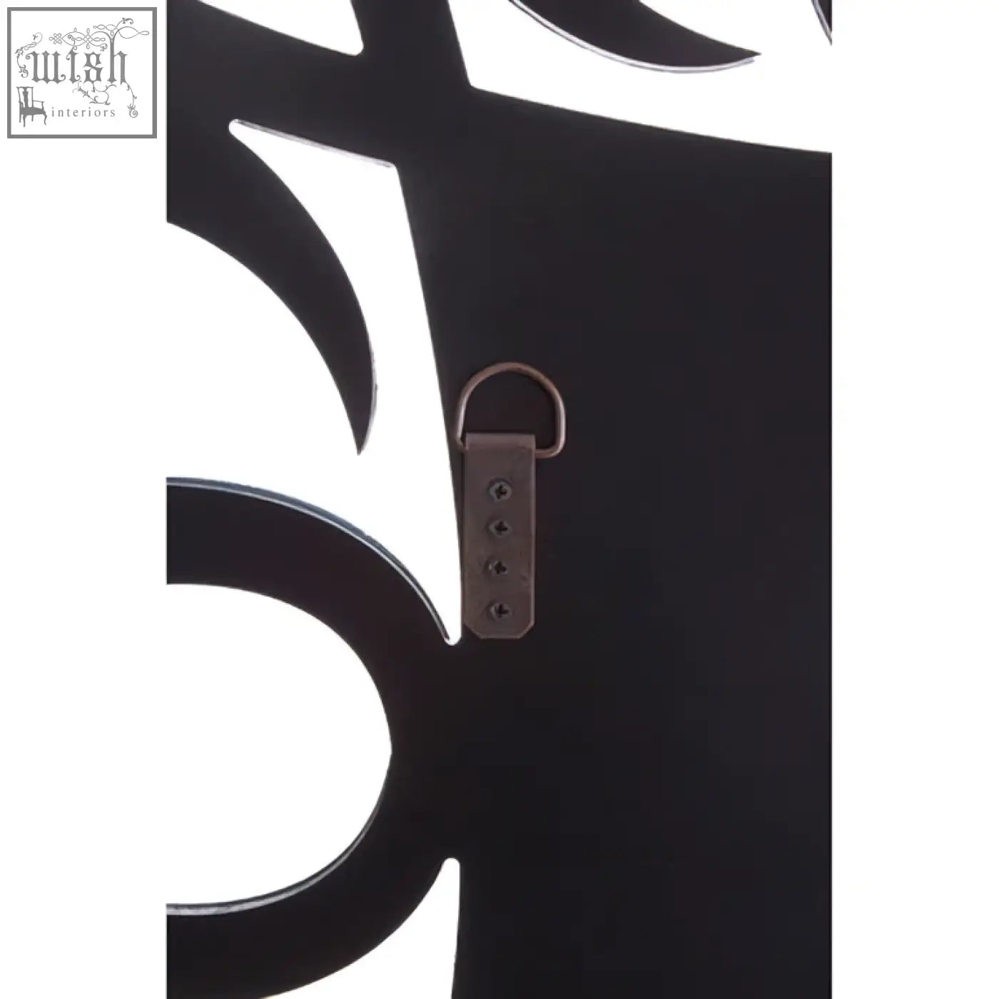 Black metal wall mirror with stylized tree design and brown leather strap for hanging gladis wall mirror