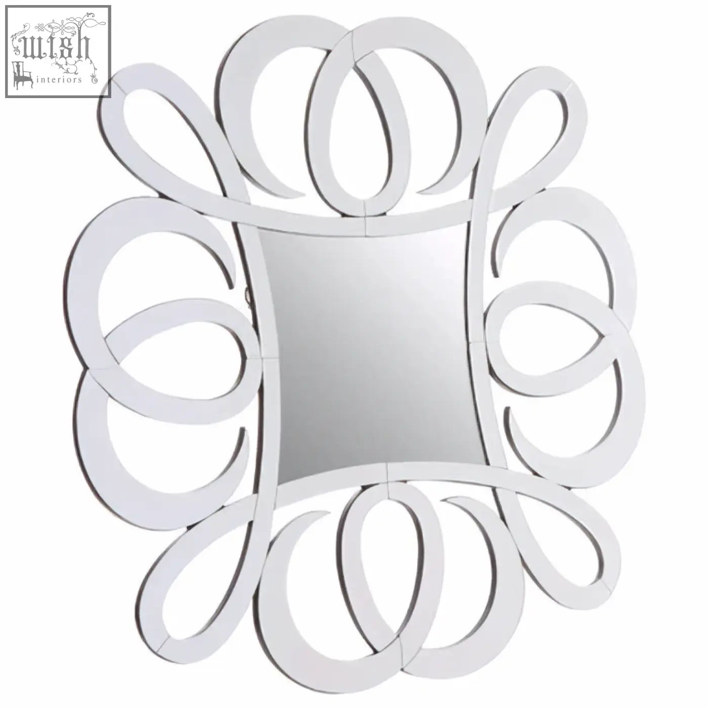 Silver ornate gladis wall mirror with square center and intricate swirling loop frame perfect wall mirror decor
