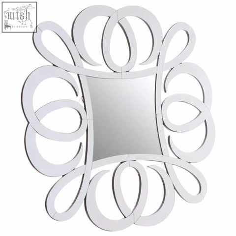 Silver ornate gladis wall mirror with square center and intricate swirling loop frame perfect wall mirror decor