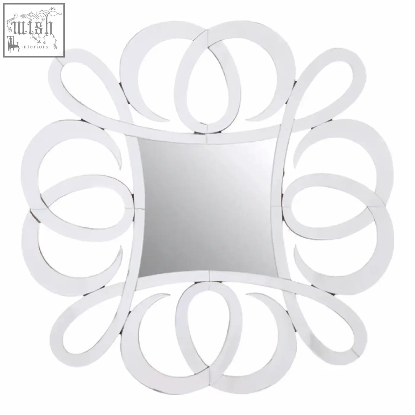 A sleek gladis wall mirror with a square reflective center and polished white metal circular frame design