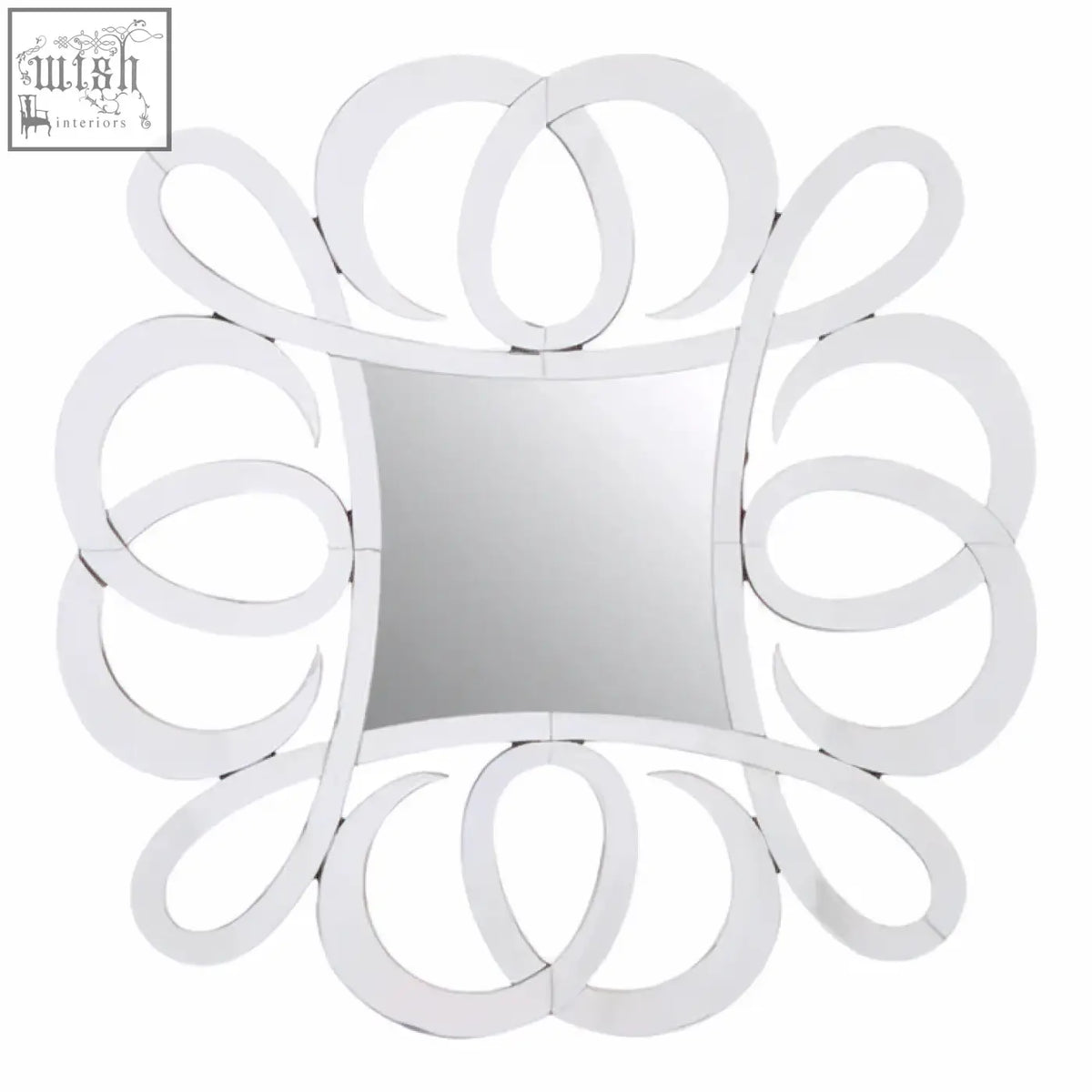 A sleek gladis wall mirror with a square reflective center and polished white metal circular frame design