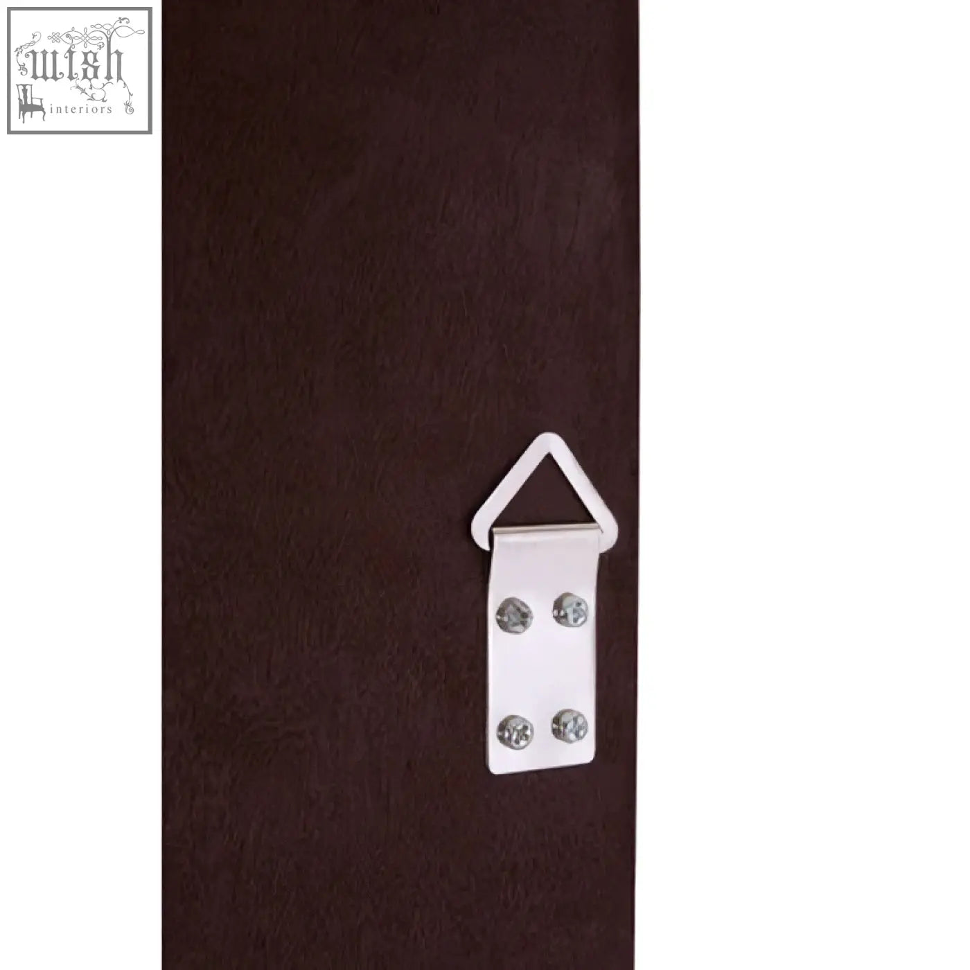 Silver triangular wall hanging bracket with four screw holes on back of gladys fossil grey wall mirror