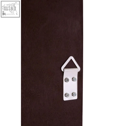 Silver triangular wall hanging bracket with four screw holes on back of gladys fossil grey wall mirror