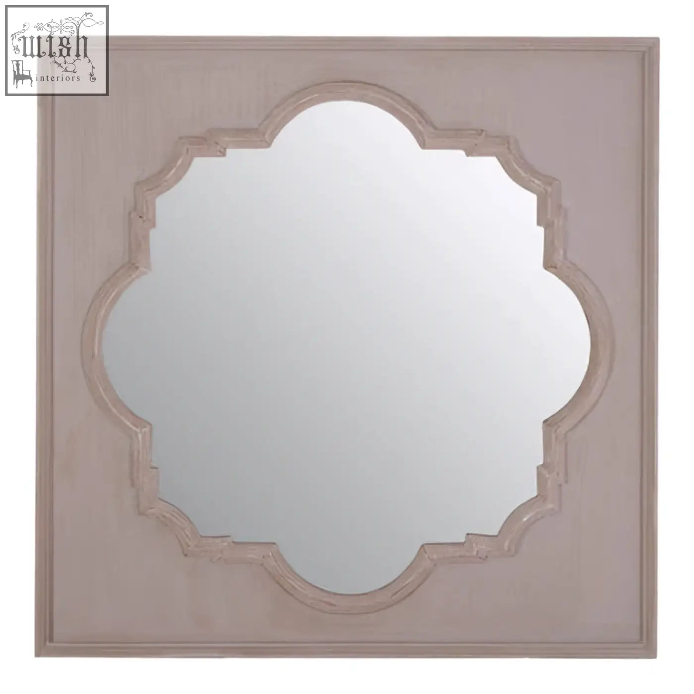 Gladys fossil grey wall mirror with a square frame, distressed pinkish-grey finish, and ornate quatrefoil design
