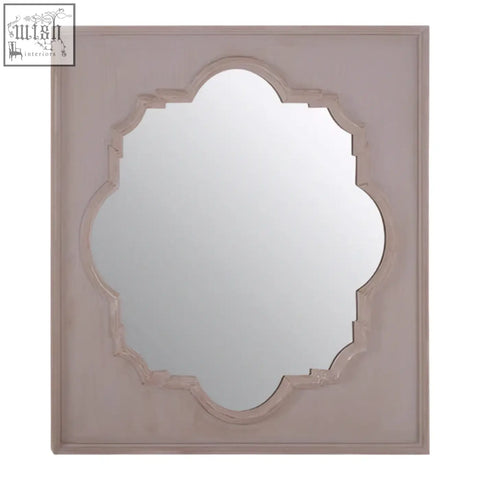 Gladys fossil grey wall mirror with square frame, soft pink distressed finish, and ornate quatrefoil design