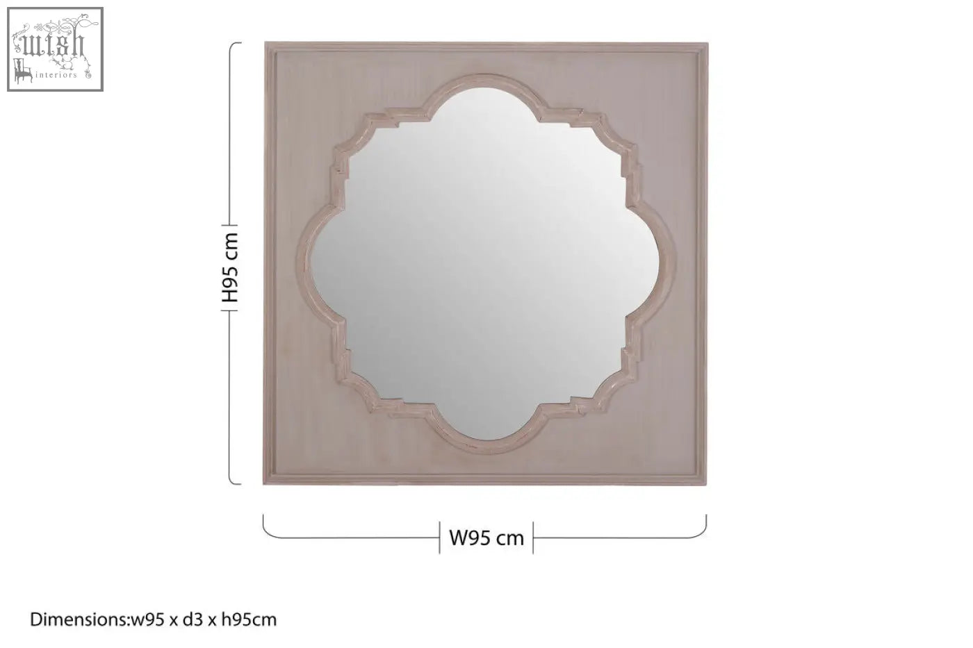 Square fossil grey wall mirror gladys fossil grey with light pink distressed wood frame and ornate quatrefoil design