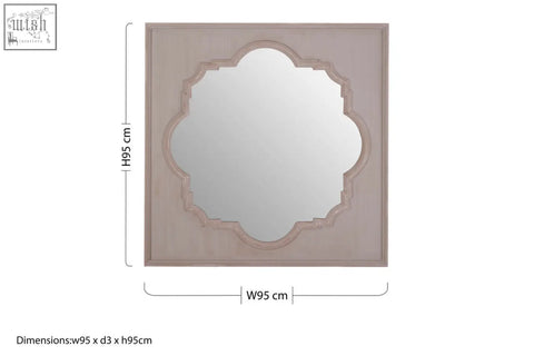 Square fossil grey wall mirror gladys fossil grey with light pink distressed wood frame and ornate quatrefoil design