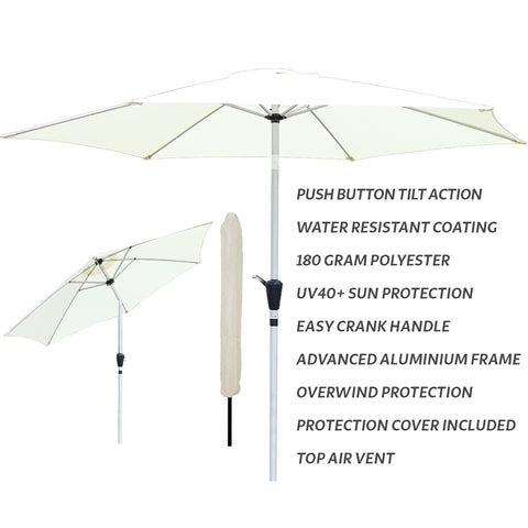 Cream-colored glamhaus garden parasol with white aluminum frame and parasol protection cover for outdoor use
