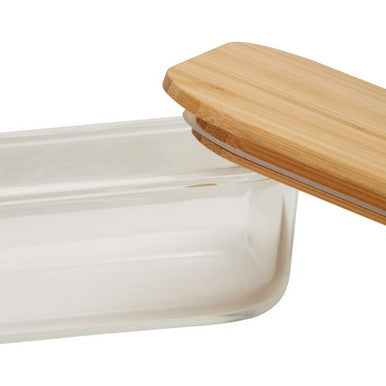 Clear glass container with a light brown bamboo lid 1040ml glass container by freska