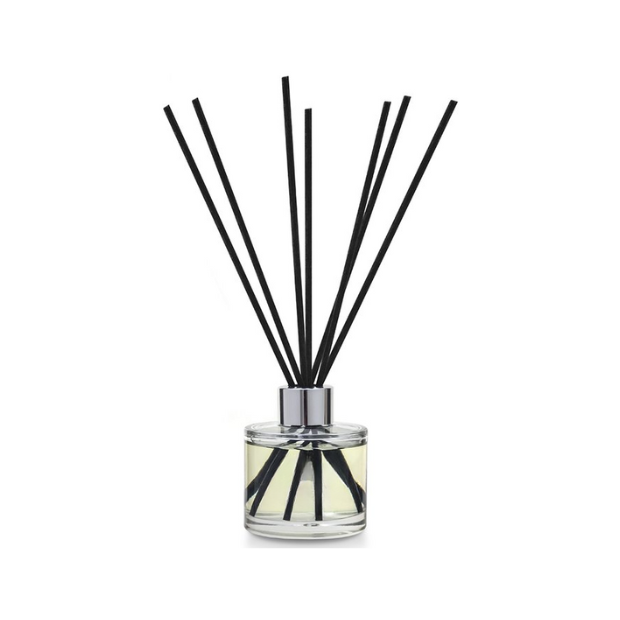 Glass reed diffuser with clear glass, black reeds, and silver-toned cap in a gift box with various scents available