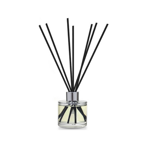 Glass reed diffuser with clear glass, black reeds, and silver-toned cap in a gift box with various scents available