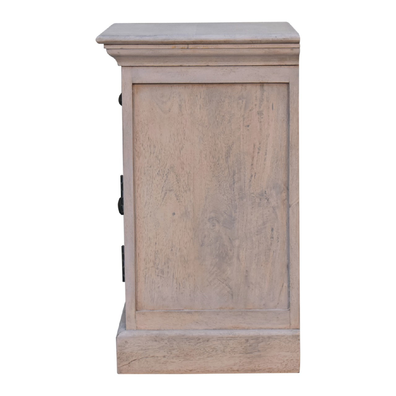 A light gray distressed wood glazed stone bedside table with three black metal handles for bedroom use