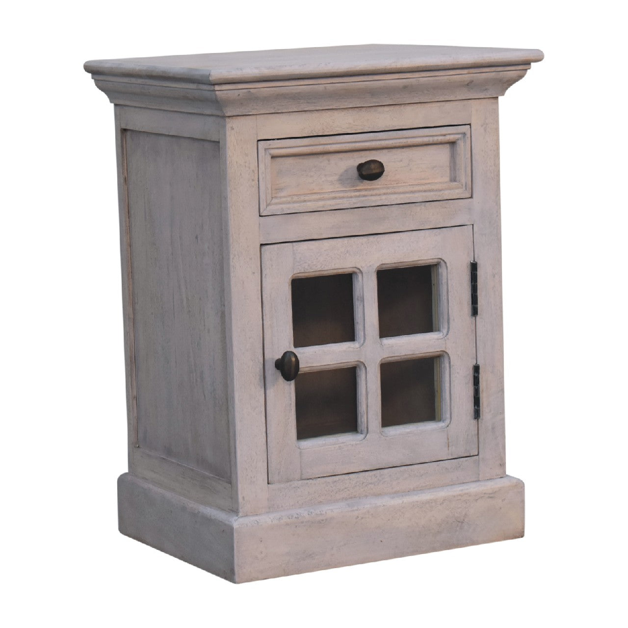 Rustic gray glazed stone bedside table with single drawer glass door and dark metal hardware for bedroom use