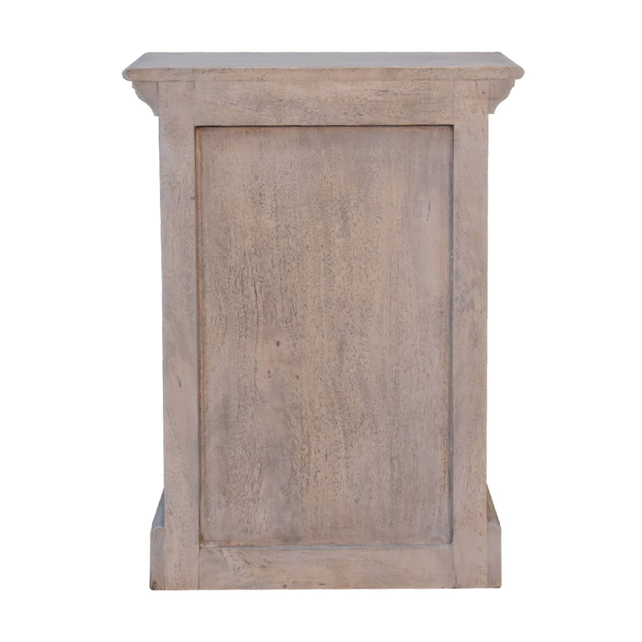 A glazed stone bedside table with a rustic light gray weathered wooden finish and simple rectangular design
