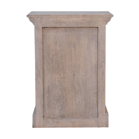 A glazed stone bedside table with a rustic light gray weathered wooden finish and simple rectangular design