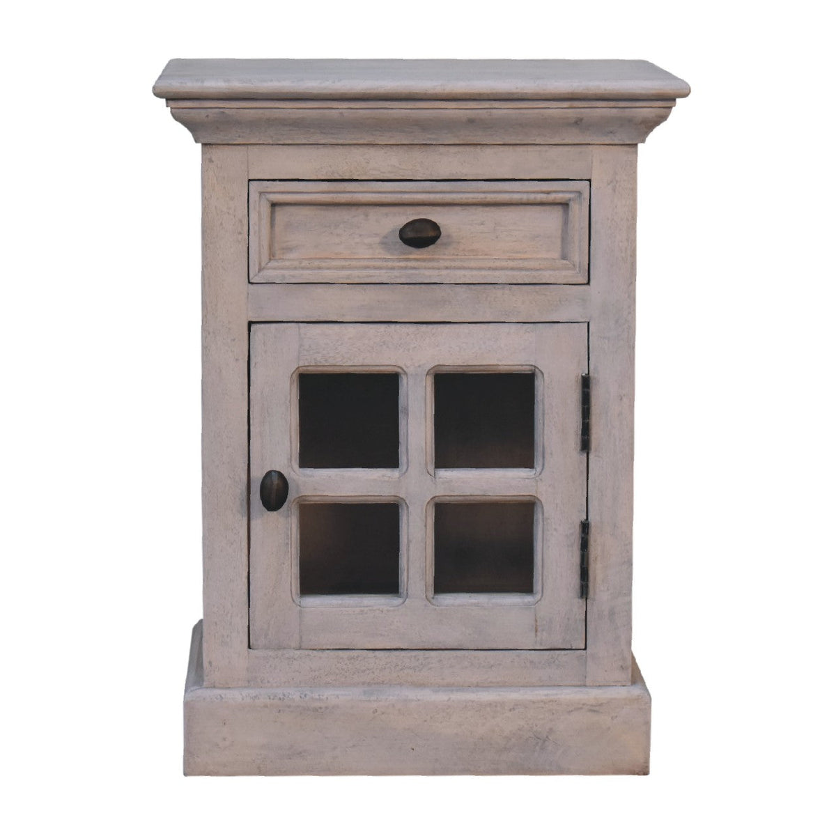 Rustic light gray glazed stone bedside table with wooden drawer and glass-paneled door with black metal hardware