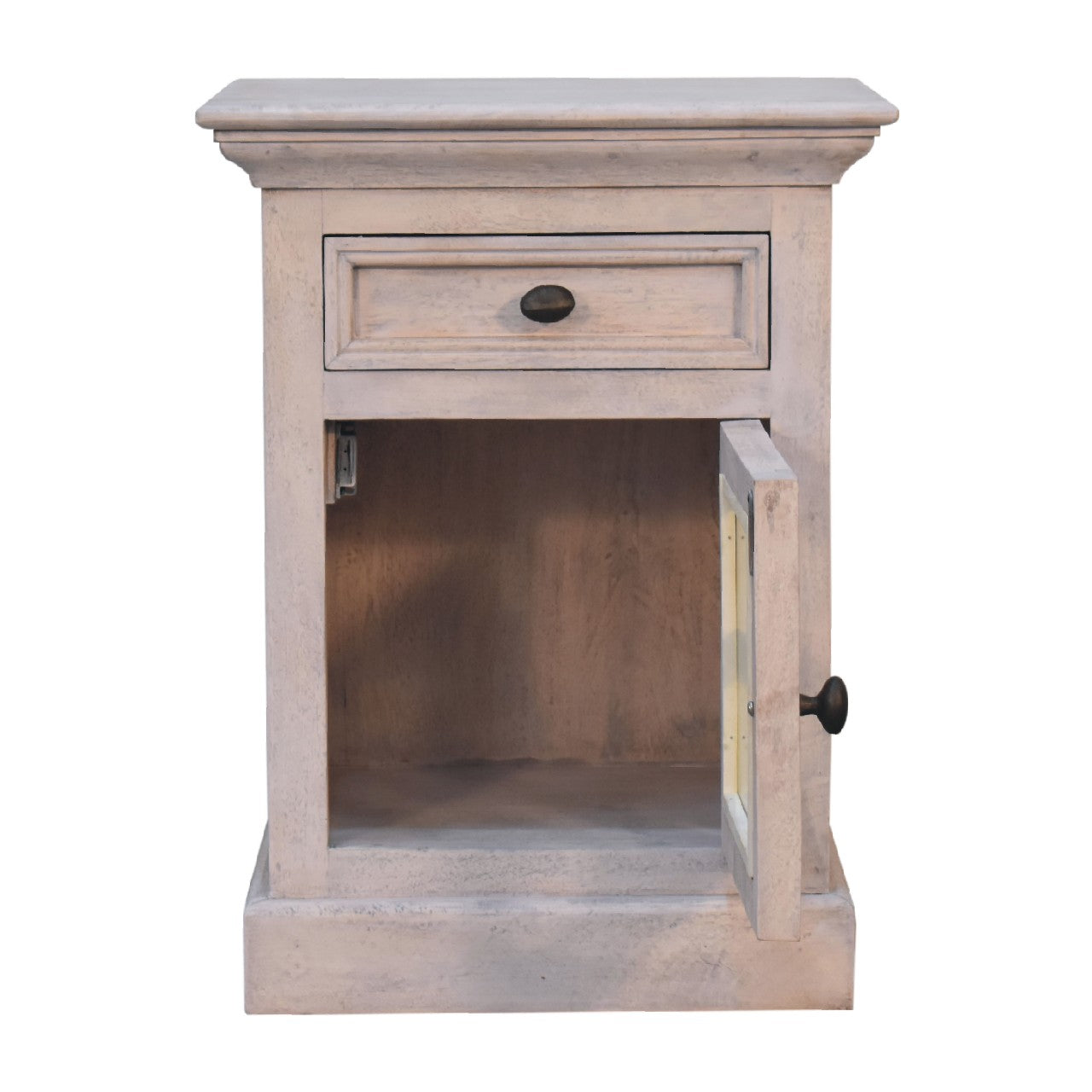 A rustic white distressed wood glazed stone bedside table with single drawer and glass-fronted cabinet door