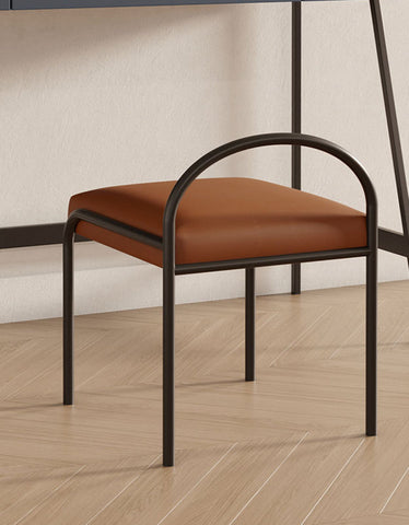 Brown leather seat with black metal frame for glazier dressing table with mirror for stylish dressing table setup