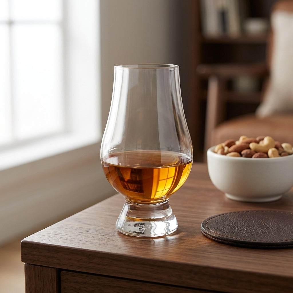 Glencairn whisky tasting glass filled with amber whisky perfect for whisky tasting and savoring flavors