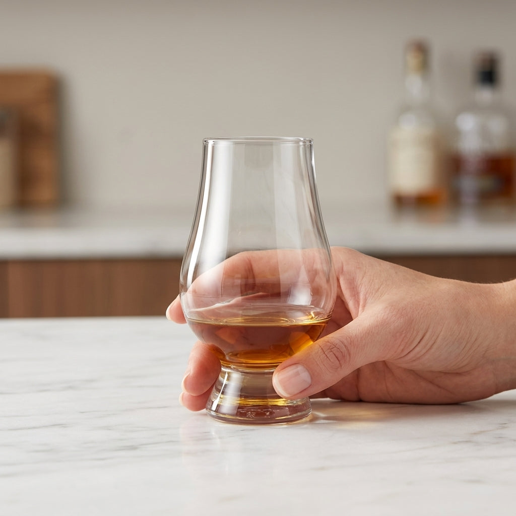 A clear glass glencairn whisky tasting glass with wide bowl and sturdy base holding amber whisky liquid