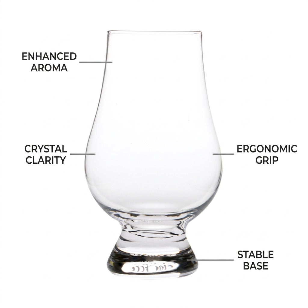 Clear glass glencairn whisky tasting glass with wide curved bowl and sturdy base perfect for whisky tasting