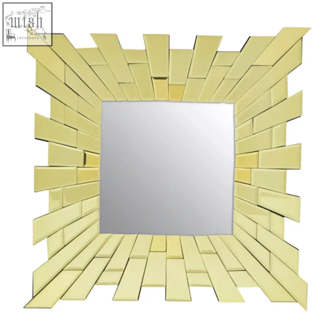 Glitzy small square wall mirror with a gold-toned sunburst mosaic design perfect for stylish decor