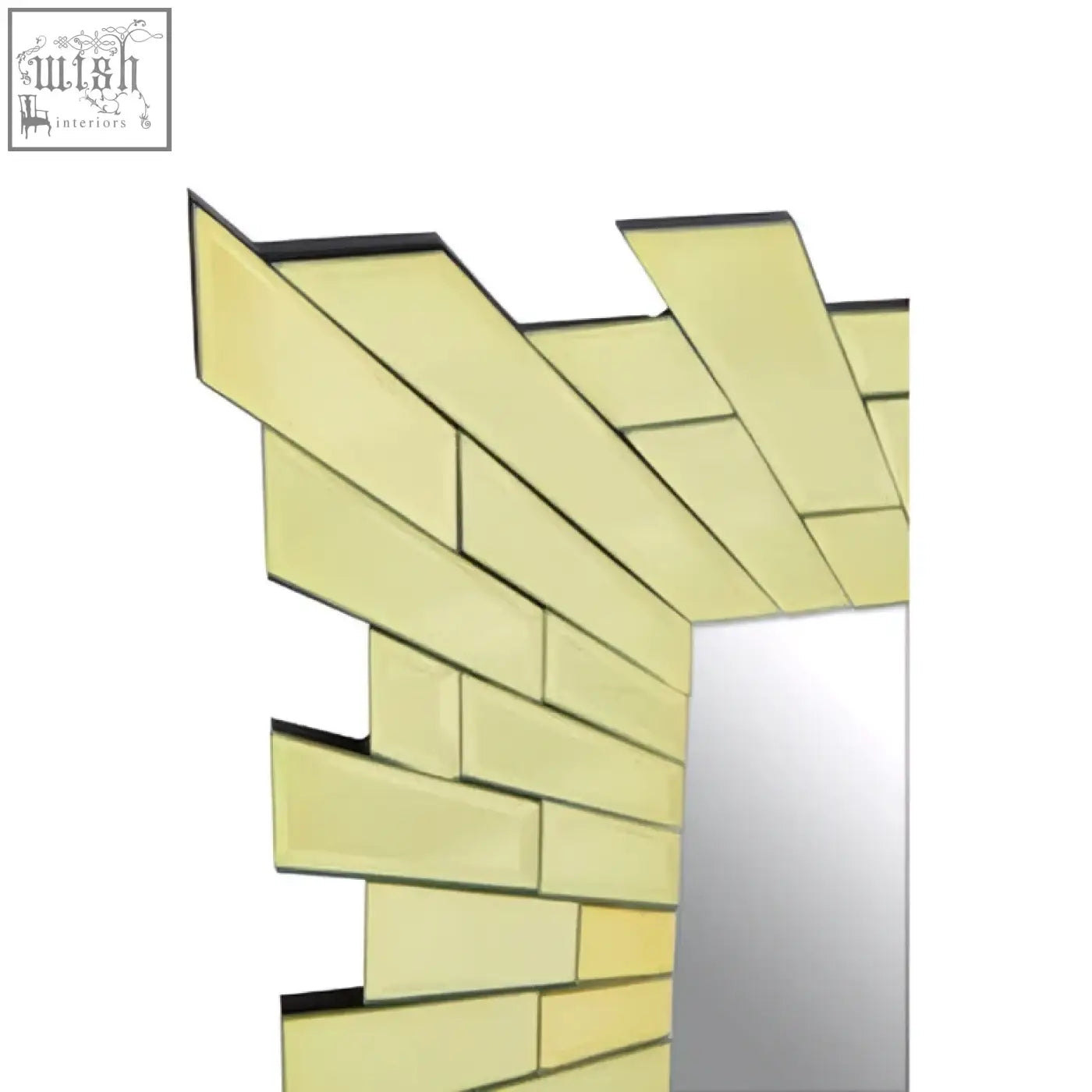 Glitzy small square wall mirror with a geometric frame of overlapping pale yellow glass panels in an angular pattern