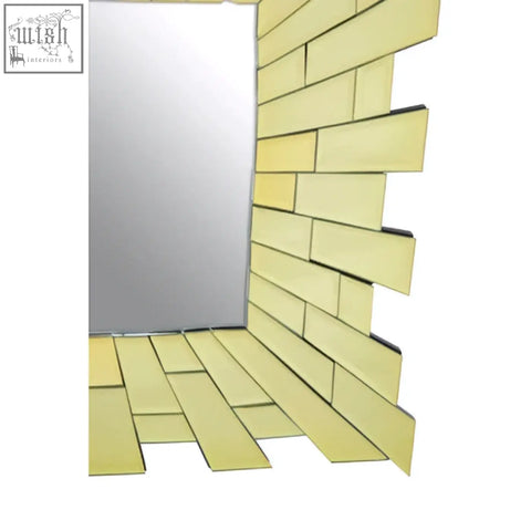 Glitzy small square wall mirror with a rectangular mirror framed by a yellowish gold 3d mirrored brick design