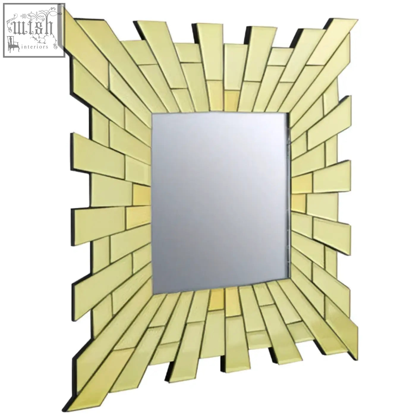 Glitzy small square wall mirror with pale yellow sunburst frame made of rectangular glass tiles in angular pattern