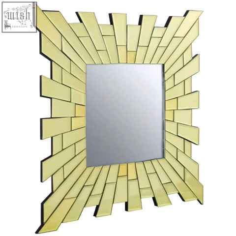 Glitzy small square wall mirror with pale yellow sunburst frame made of rectangular glass tiles in angular pattern