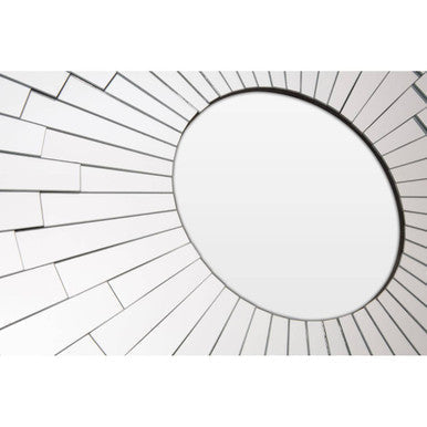 Glitzy sunburst design round wall mirror with reflective segmented panels in a sleek sunburst design round style