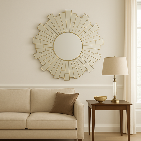 Glitzy sunburst design round wall mirror with gold-toned frame and reflective rectangular segments in rays