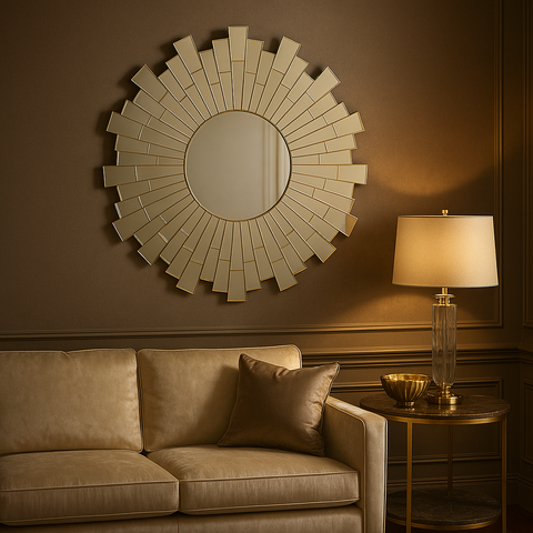 Glitzy sunburst design round wall mirror with metallic gold finish and segmented radiating panels for stylish decor
