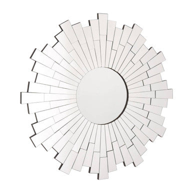 Glitzy sunburst design round wall mirror with white frame and radiating rectangular mirrored segments for decor