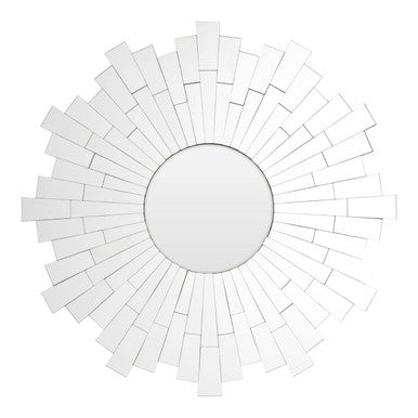 White sunburst design round wall mirror with central circular glass and radiating rectangular mirrored segments