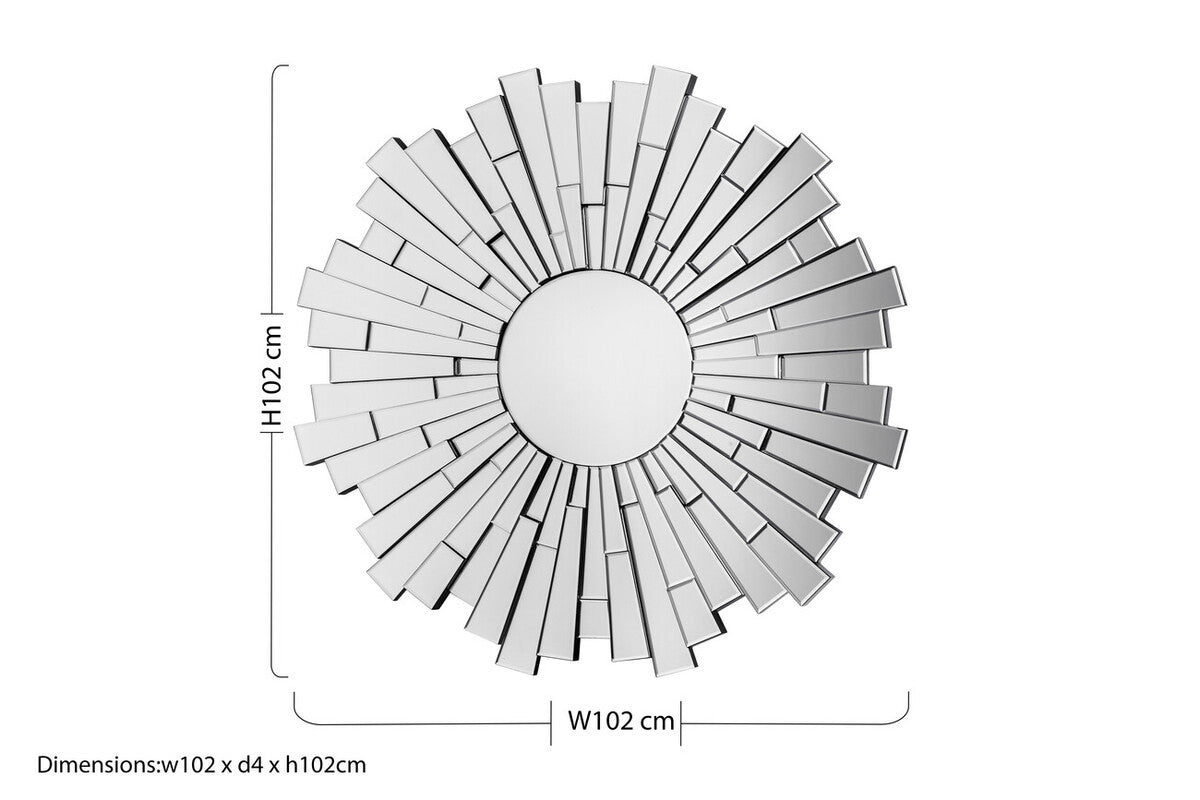 Glitzy sunburst round wall mirror with silver-toned rectangular glass panels arranged radially around central round mirror
