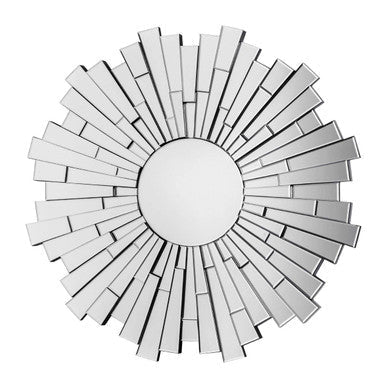 Silver sunburst round wall mirror with a central circular reflective surface and radiating mirrored segments