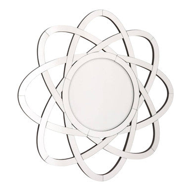 Silver globular wall mirror with a circular shape and decorative atomic structure frame perfect as a wall mirror