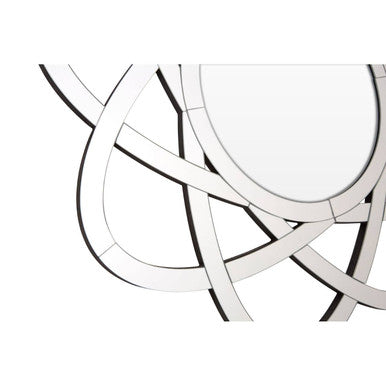 Silver-framed globular wall mirror with circular shape and interwoven geometric design perfect as a wall mirror
