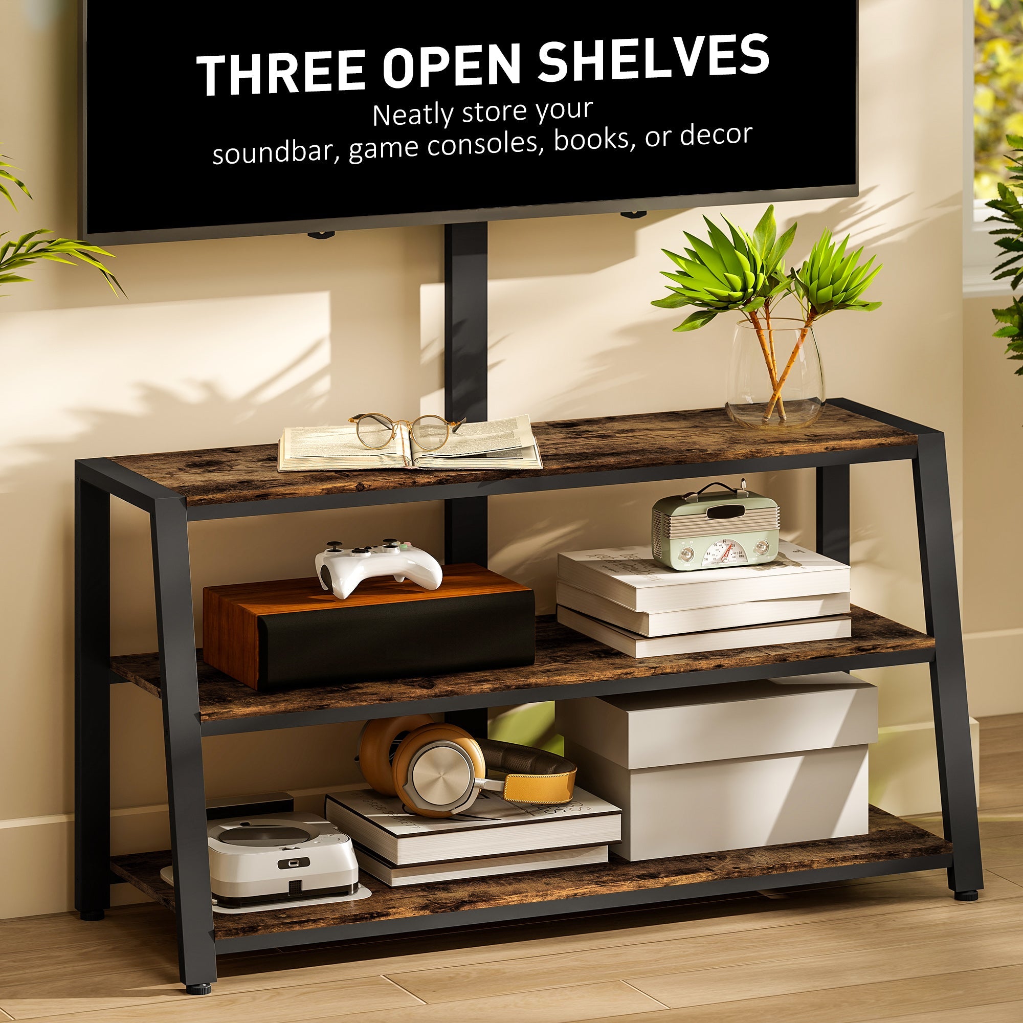HOMCOM Industrial-Style TV Stand, with 35° Swivel Bracket - Dark Brown