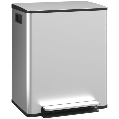 HOMCOM 50L Dual Compartment Stainless Steel Bin, with Deodoriser Holders - Silver