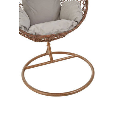 Goa brown rattan hanging chair with gray cushioned seat made of woven brown rattan for cozy seating