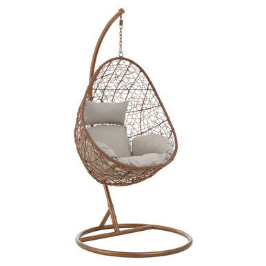 Goa brown rattan hanging chair with brown woven egg shape and light gray cushioned seating for comfy lounging