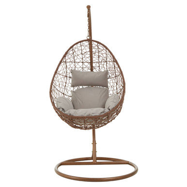 Goa brown rattan hanging chair with brown woven frame and light gray cushioned seat for cozy outdoor relaxing