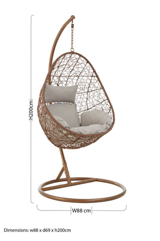 Goa brown rattan hanging chair with light gray cushions and brown woven wicker design perfect hanging chair option