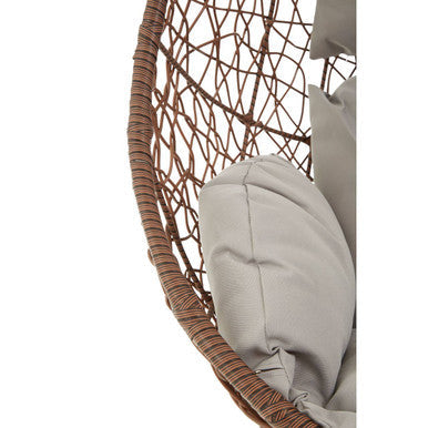 Goa brown rattan hanging chair with woven brown rattan and a light gray cushion perfect for relaxing indoors or outdoors