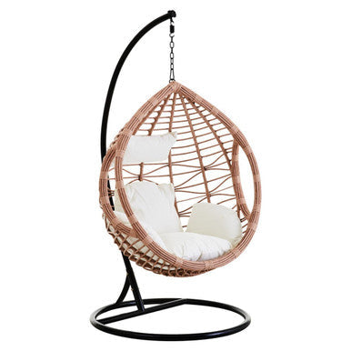 Teal woven rattan effect egg chair with white cushions and black metal frame natural rattan hanging chair