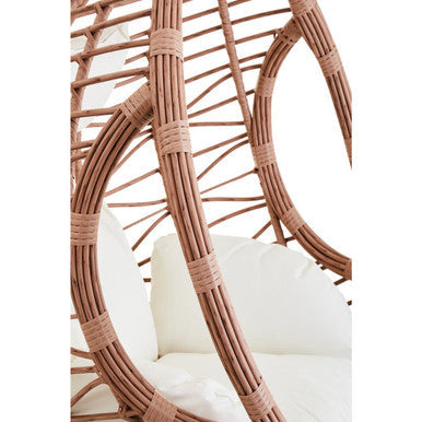 Goa natural rattan effect hanging chair with curved egg-shaped frame and white cushioned seating in natural rattan effect